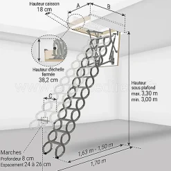 Echelle escamotable en métal - Trémie de 60 x 120cm - Hauteur de 3.00 à 3.30m - LST60120/330-Matisere Discount