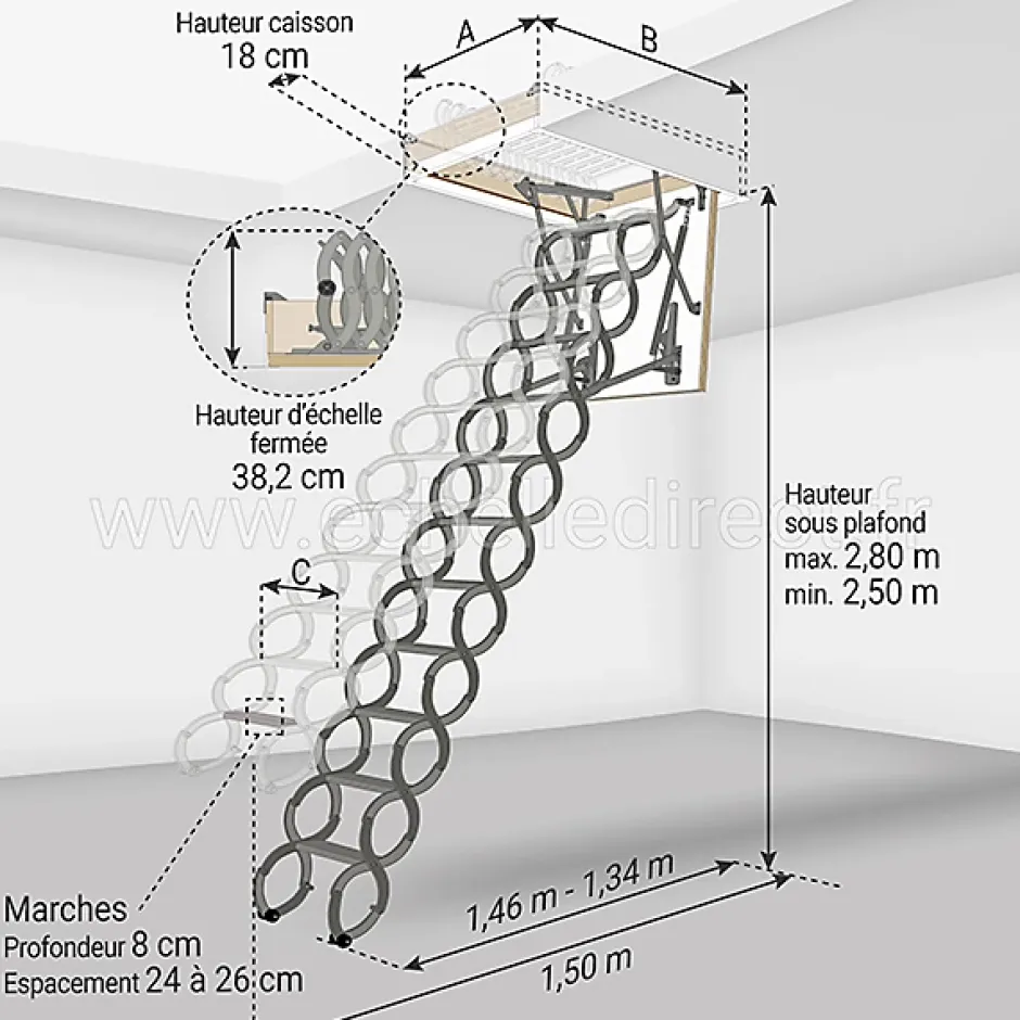 Echelle escamotable en métal - Trémie de 70 x 120cm - Hauteur de 2.50 à 2.80m - LST70120-280-Matisere Hot