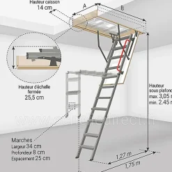 Matisere Echelle escamotable en métal - Trémie de 70 x 130cm - Hauteur de 2.45 à 3.05m - LMK70130-3