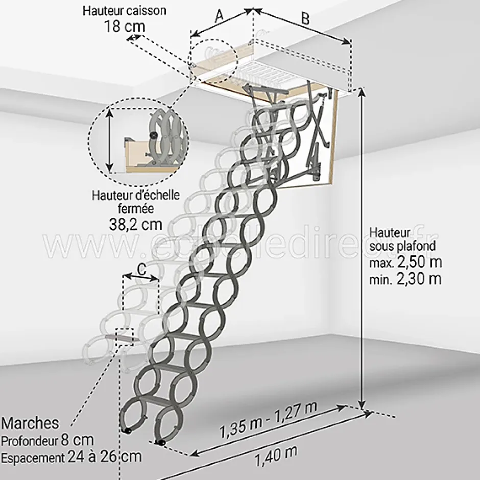 Echelle escamotable en métal - Trémie de 70 x 120cm - Hauteur de 2.30 à 2.50m - LST70120/250-Matisere