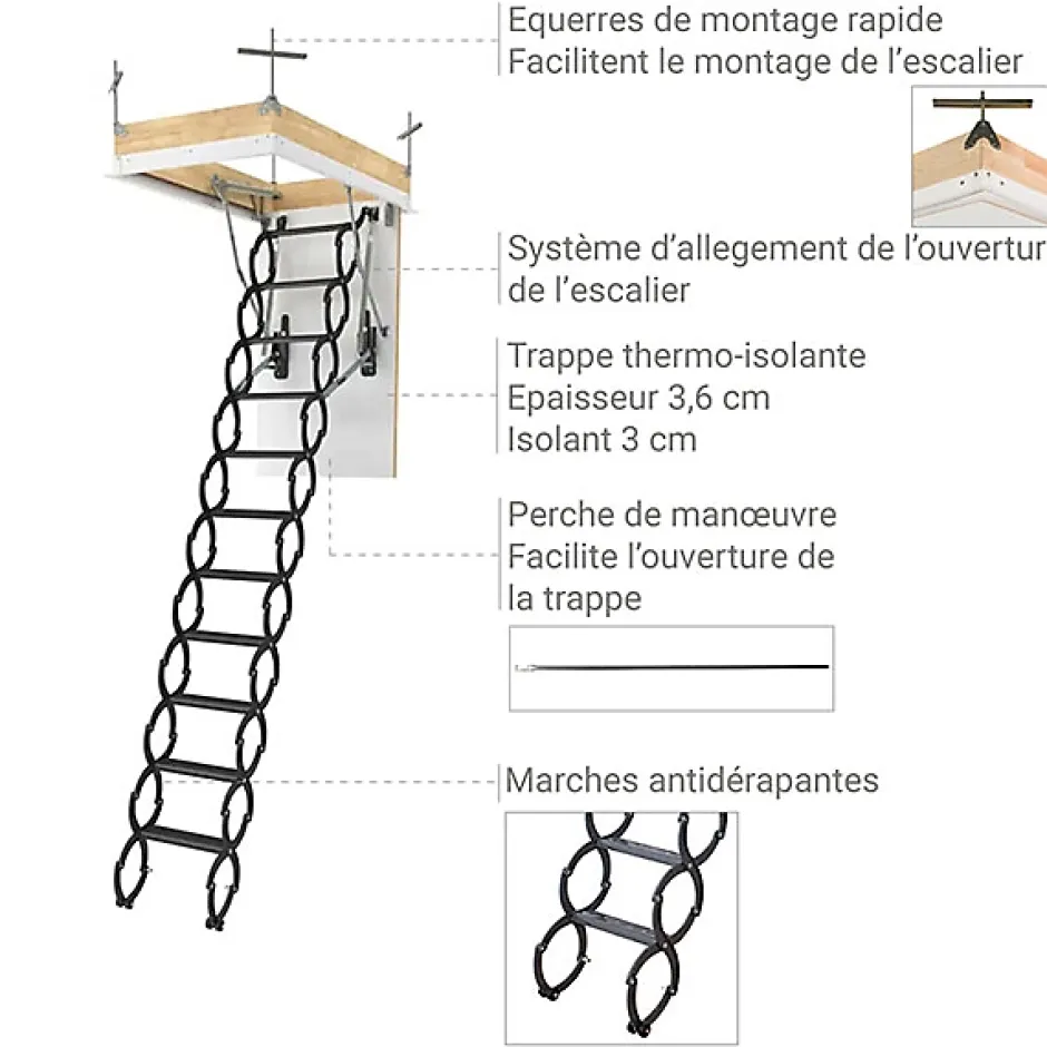 Echelle escamotable en métal - Trémie de 60 x 120cm - Hauteur de 2.30 à 2.50m - LST60120/250-Matisere Clearance