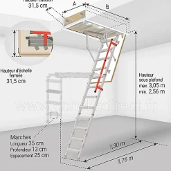 Matisere Echelle escamotable en métal - Trémie de 70 x 130cm - Hauteur de 2.56 à 3.05m - LML70130-3