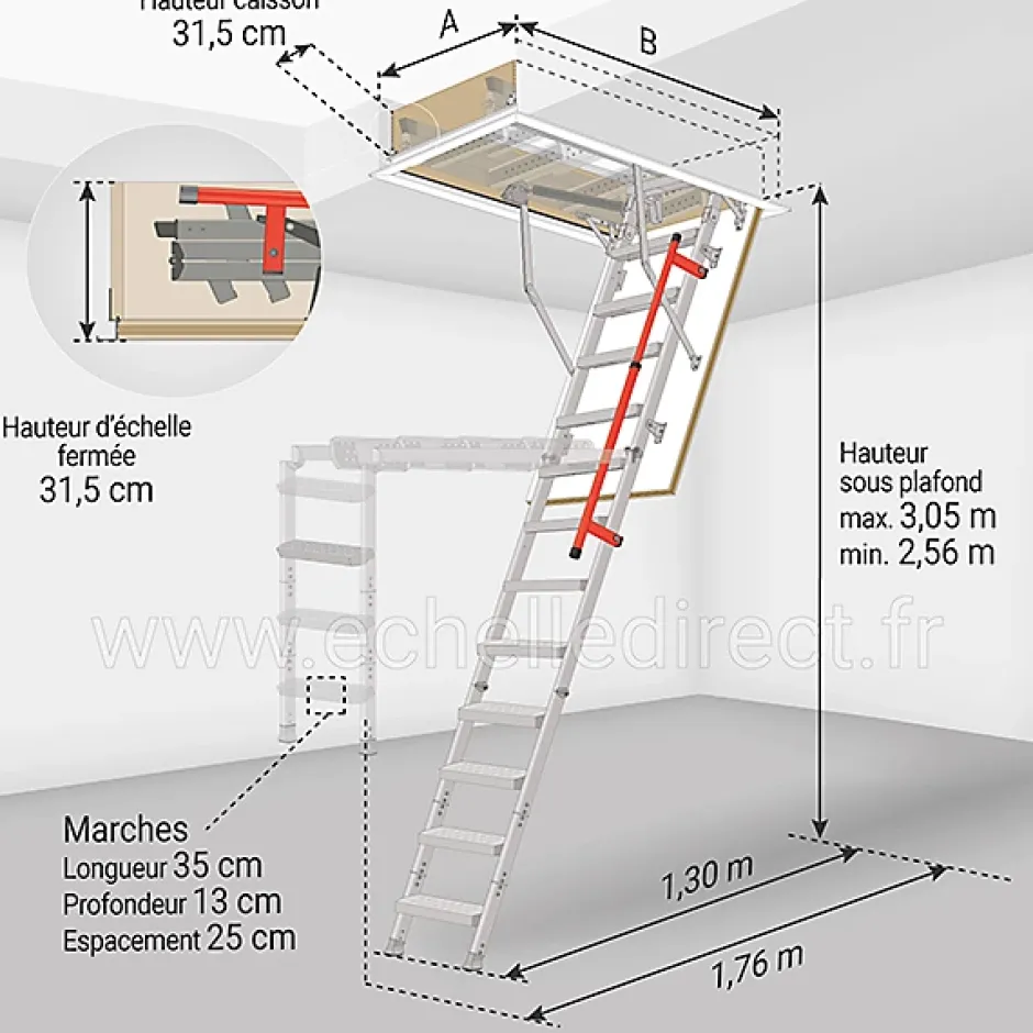 Matisere Echelle escamotable en métal - Trémie de 70 x 130cm - Hauteur de 2.56 à 3.05m - LML70130-3