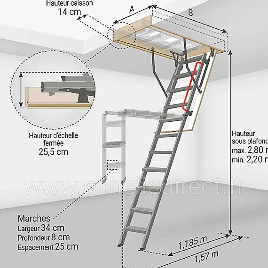 Matisere Echelle escamotable en métal - Trémie de 70 x 130cm - Hauteur de 2.20 à 2.80m - LMK70130-2