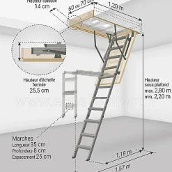 Echelle escamotable en métal - Trémie de 60 x 120cm - Hauteur de 2.20 à 2.80m - LMS60120-2-Matisere Hot