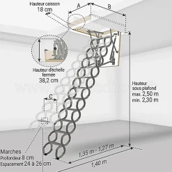 Matisere Echelle escamotable en métal - Trémie de 70 x 80cm - Hauteur de 2.30 à 2.50m - LST7080/250