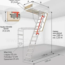 Matisere Echelle escamotable en métal - Trémie de 70 x 120cm - Hauteur de 2.33 à 2.80m - LML70120-2