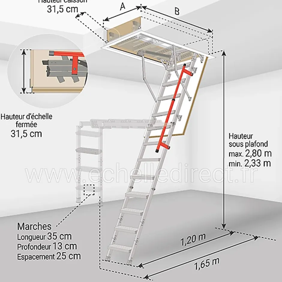 Matisere Echelle escamotable en métal - Trémie de 60 x 120cm - Hauteur de 2.33 à 2.80m - LML60120-2