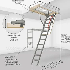Matisere Echelle escamotable en métal - Trémie de 60 x 113cm - Hauteur de 2.20 à 2.08m - LMK60111-2