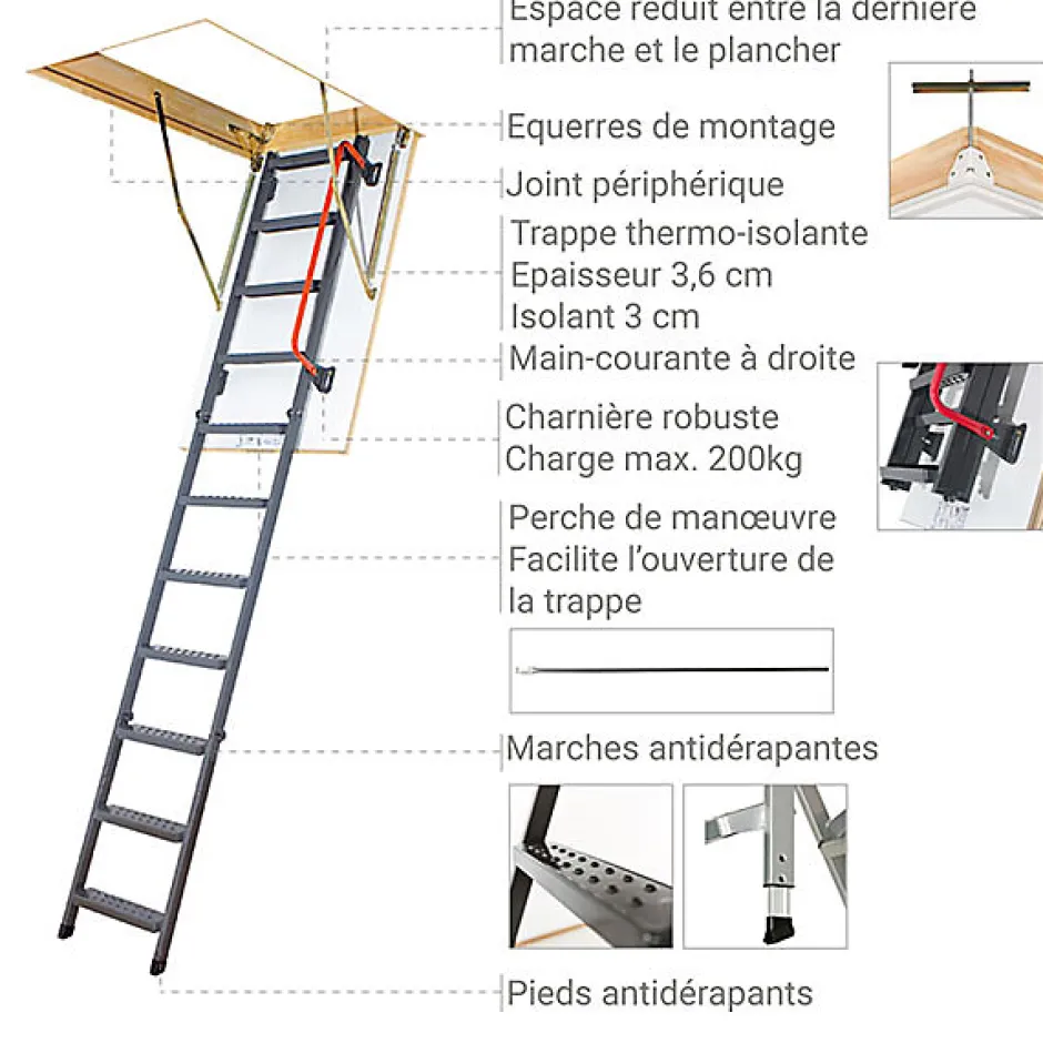 Matisere Echelle escamotable en métal - Trémie de 60 x 113cm - Hauteur de 2.20 à 2.08m - LMK60111-2