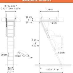 Echelle Escamotable Métal - Trappe 90x140cm - Hauteur 3.90 à 4.00m - ACI-QUA400/140-90-Matisere
