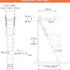 Echelle Escamotable Métal - Trappe 80x130cm - Hauteur 3.70 à 3.80m - ACI-QUA380/130-80-Matisere Outlet