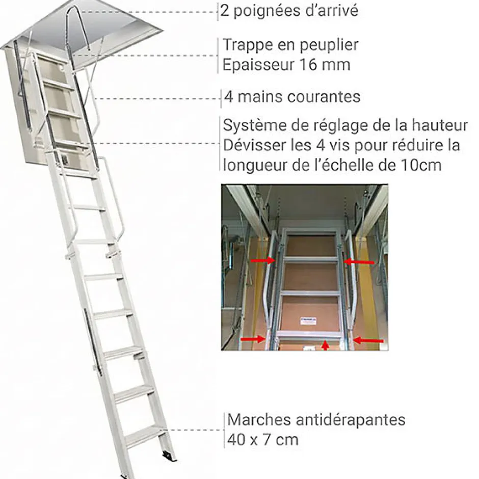 Matisere Echelle Escamotable Métal - Trappe 90x130cm - Hauteur 3.70 à 3.80m - ACI-QUA380/130-90