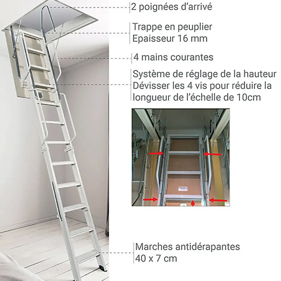 Matisere Echelle Escamotable Métal - Trappe 80x200cm - Hauteur 2.90 à 3.00m - ACI-TRE300/200-80
