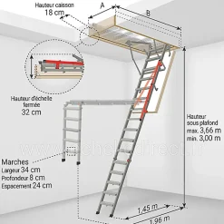 Matisere Echelle Escamotable Métal - Trappe 60x144cm - Hauteur 3.00 à 3.66m - LMP60144-3