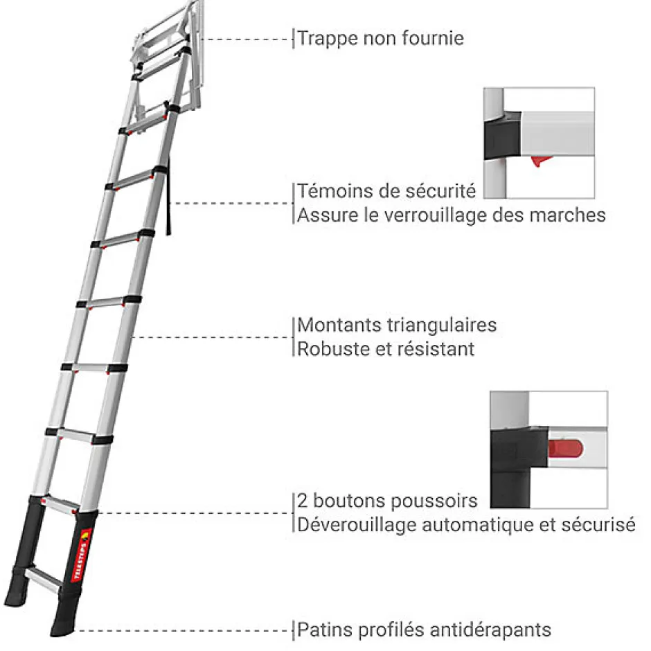 Echelle télescopique escamotable 9 marches - Hauteur de 2.25 à 2.45m - TEL-72324-Matisere Online