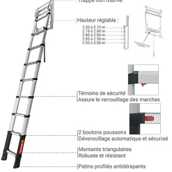Matisere Echelle télescopique escamotable 10 marches - Hauteur de 2.55 à 3.00m - TEL-72527