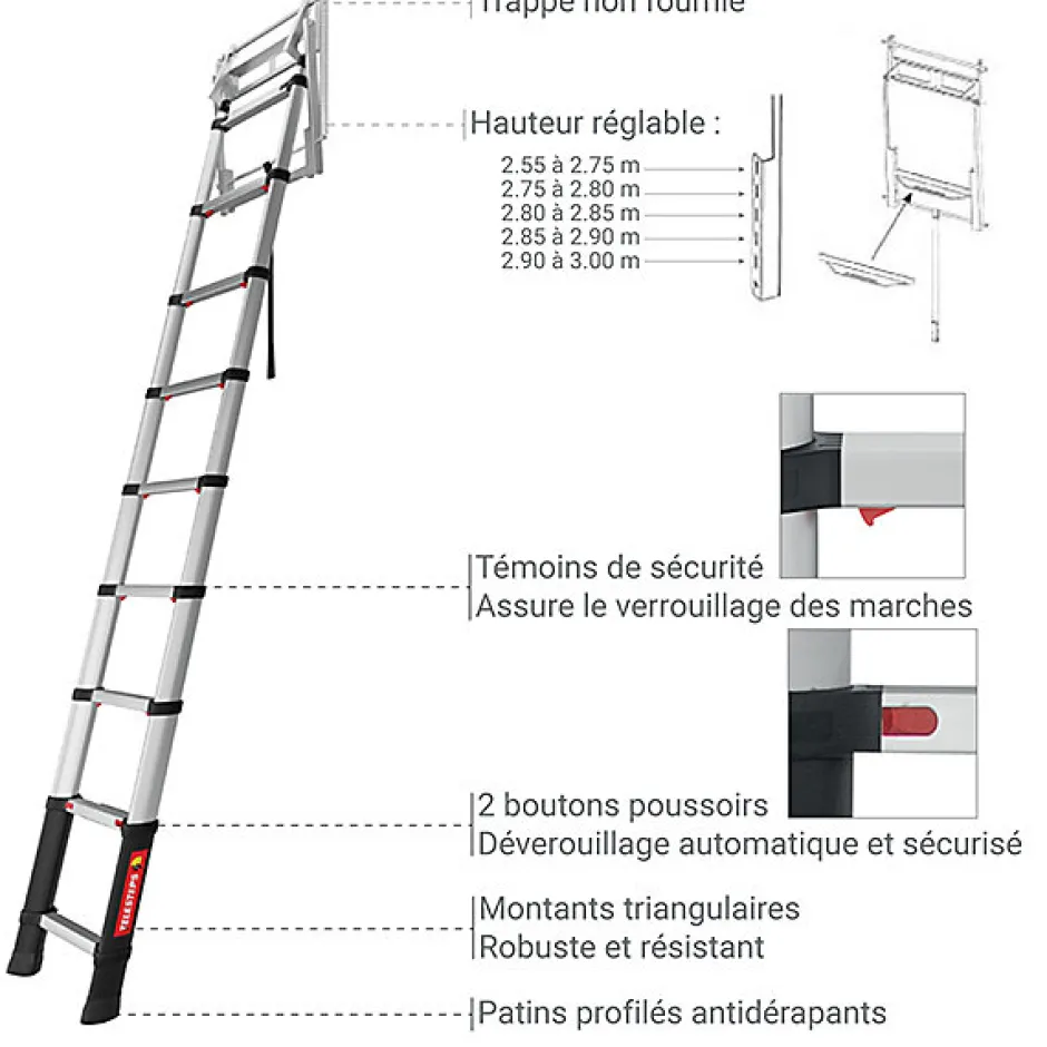 Matisere Echelle télescopique escamotable 10 marches - Hauteur de 2.55 à 3.00m - TEL-72527