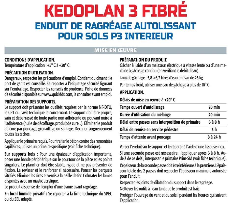 Semin Enduit de Ragréage Autolissant Kedoplan Fibré , Sol Intérieur, sac de 25 kg