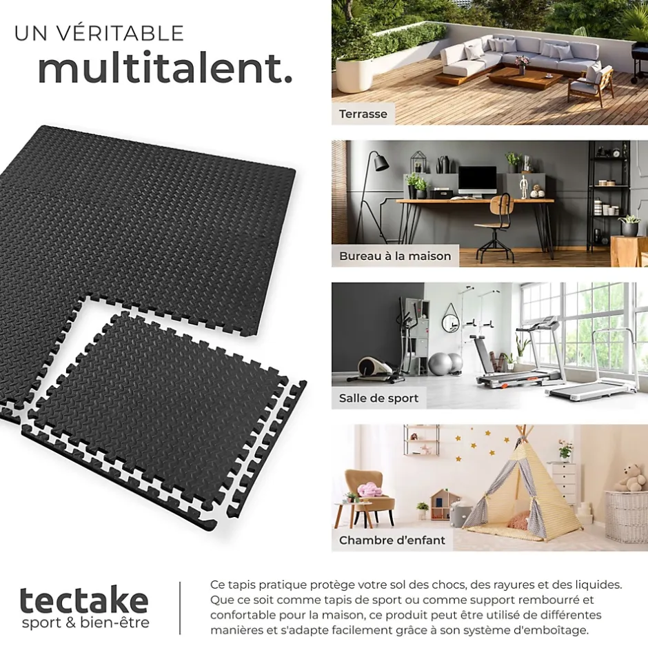 Ensemble de 24 Dalles Carrées Tapis de sol Sport 24 pièces avec 48 bordures noir-Tectake Best