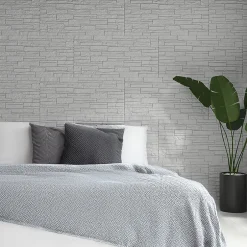 Divina Home Ensemble de 12 panneaux décoratifs effet brique et pierre 3D, revêtement mural PU 8,6 m² (120x60x2,5 cm), quartzite blanc