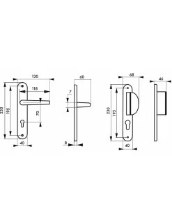 Ensemble de poignées pour porte d'entrée palière Crecy trou de cylindre, carré 7mm, entr'axes 195mm, anodisé argent --Thirard Outlet