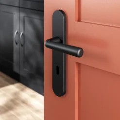 GoodHome Ensemble poignée sur plaque rond serrure Dizel effet nickel mat noir L.121.5mm x l.42mm entraxe 165-195mm