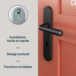 GoodHome Ensemble poignée sur plaque rond serrure Dizel effet nickel mat noir L.121.5mm x l.42mm entraxe 165-195mm