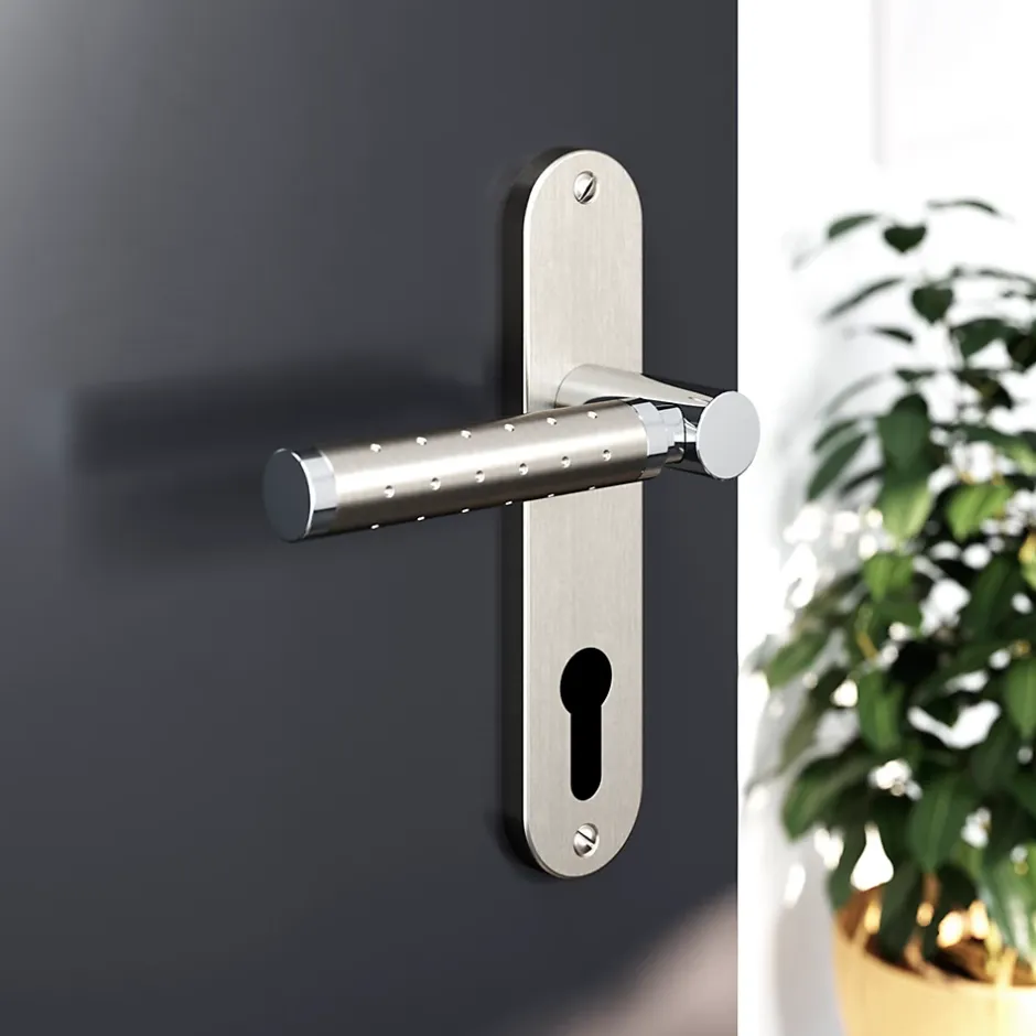 Ensemble poignée sur plaque rondcylindre Brigg effet chrome et nickel satin gris L.132mm x l.40mm entraxe 165mm-GoodHome Outlet