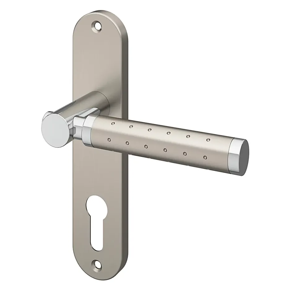 Ensemble poignée sur plaque rondcylindre Brigg effet chrome et nickel satin gris L.132mm x l.40mm entraxe 165mm-GoodHome Outlet