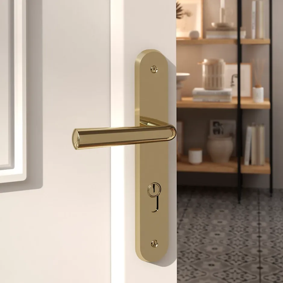 Ensemble poignée sur plaque rondcylindre Tudy effet laiton brillant doré L.119mm x l.41mm entraxe 195mm-GoodHome Discount