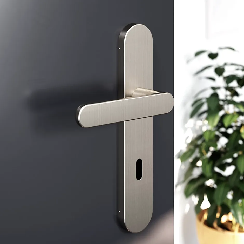 GoodHome Ensemble poignée sur plaque rond serrure Minzh effet nickel satin gris L.120mm x l.42mm entraxe 165-195mm