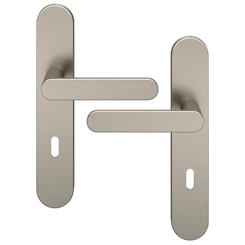 GoodHome Ensemble poignée sur plaque rond serrure Minzh effet nickel satin gris L.120mm x l.42mm entraxe 165-195mm