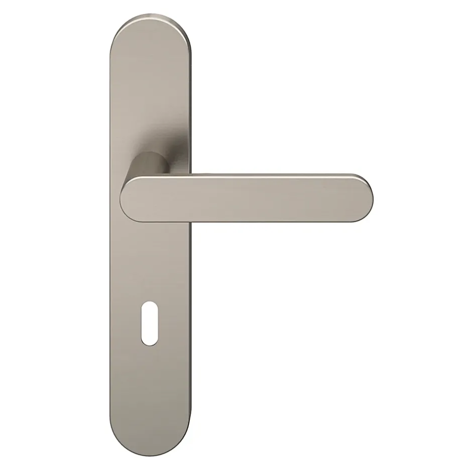 GoodHome Ensemble poignée sur plaque rond serrure Minzh effet nickel satin gris L.120mm x l.42mm entraxe 165-195mm