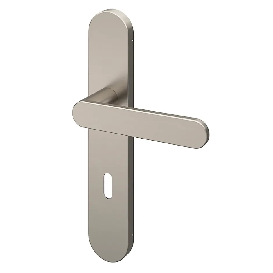 GoodHome Ensemble poignée sur plaque rond serrure Minzh effet nickel satin gris L.120mm x l.42mm entraxe 165-195mm