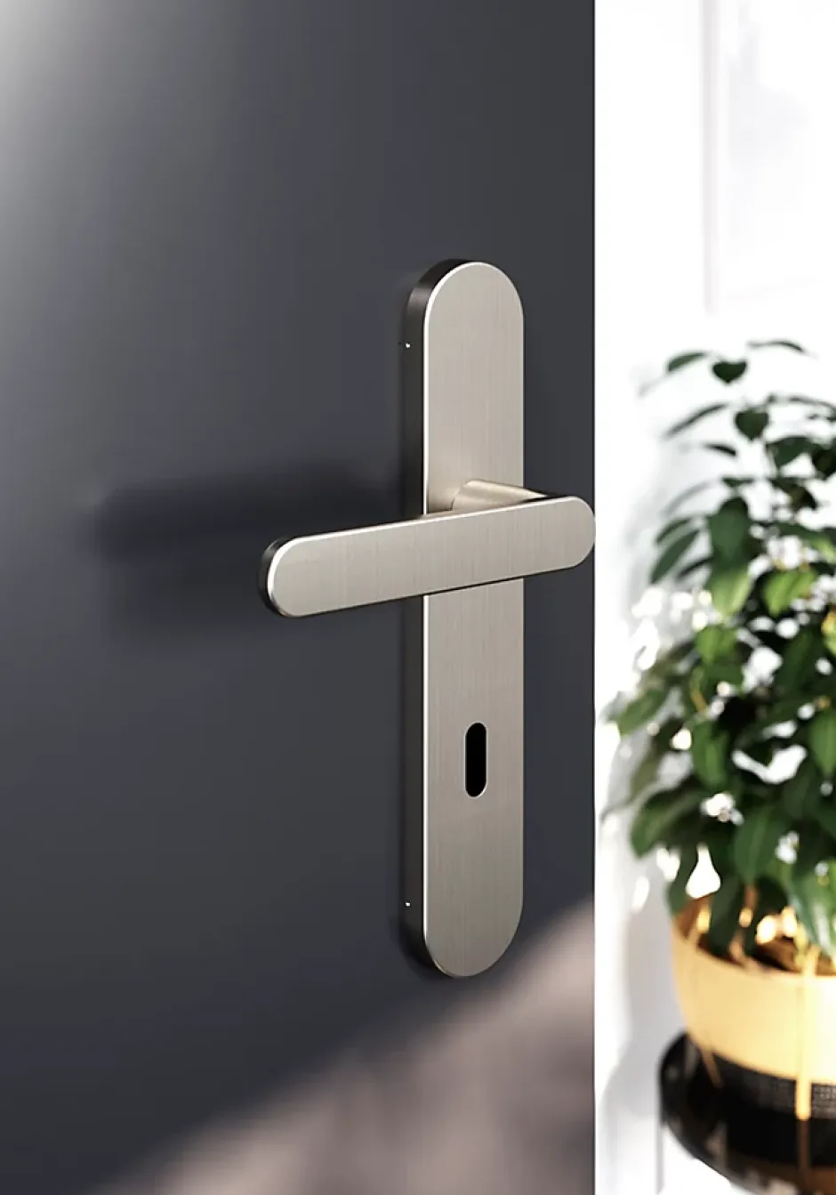 GoodHome Ensemble poignée sur plaque rond serrure Minzh effet nickel satin gris L.120mm x l.42mm entraxe 165-195mm