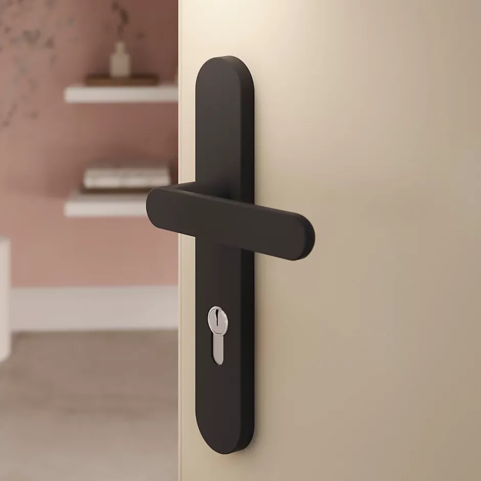 Ensemble poignée sur plaque rond Minzh effet nickel noir L.120mm x l.40mm entraxe 195mm-GoodHome Clearance