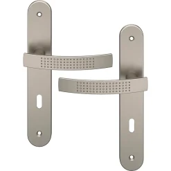 Ensemble poignée sur plaque rond serrure Diss effet nickel satin gris L.139mm x l.40mm entraxe 195mm-GoodHome Hot