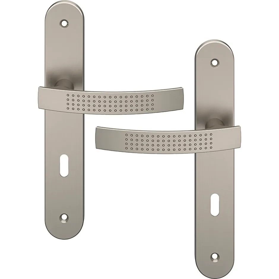 Ensemble poignée sur plaque rond serrure Diss effet nickel satin gris L.139mm x l.40mm entraxe 195mm-GoodHome Hot