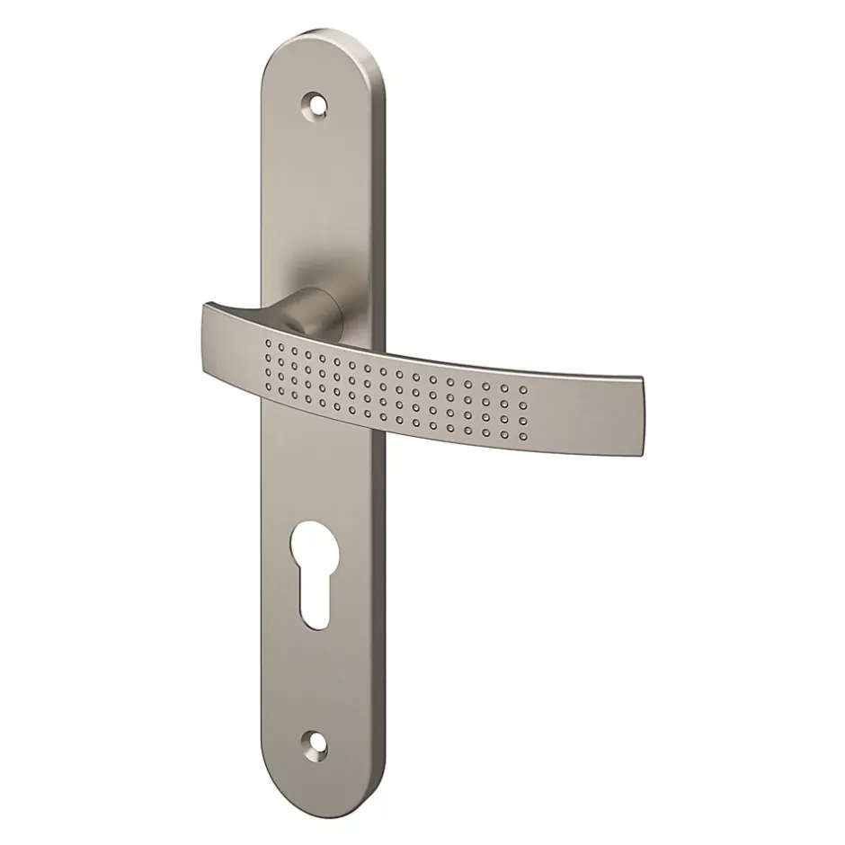 Ensemble poignée sur plaque rondcylindre Diss effet nickel satin gris L.139mm x l.40mm entraxe 195mm-GoodHome Outlet