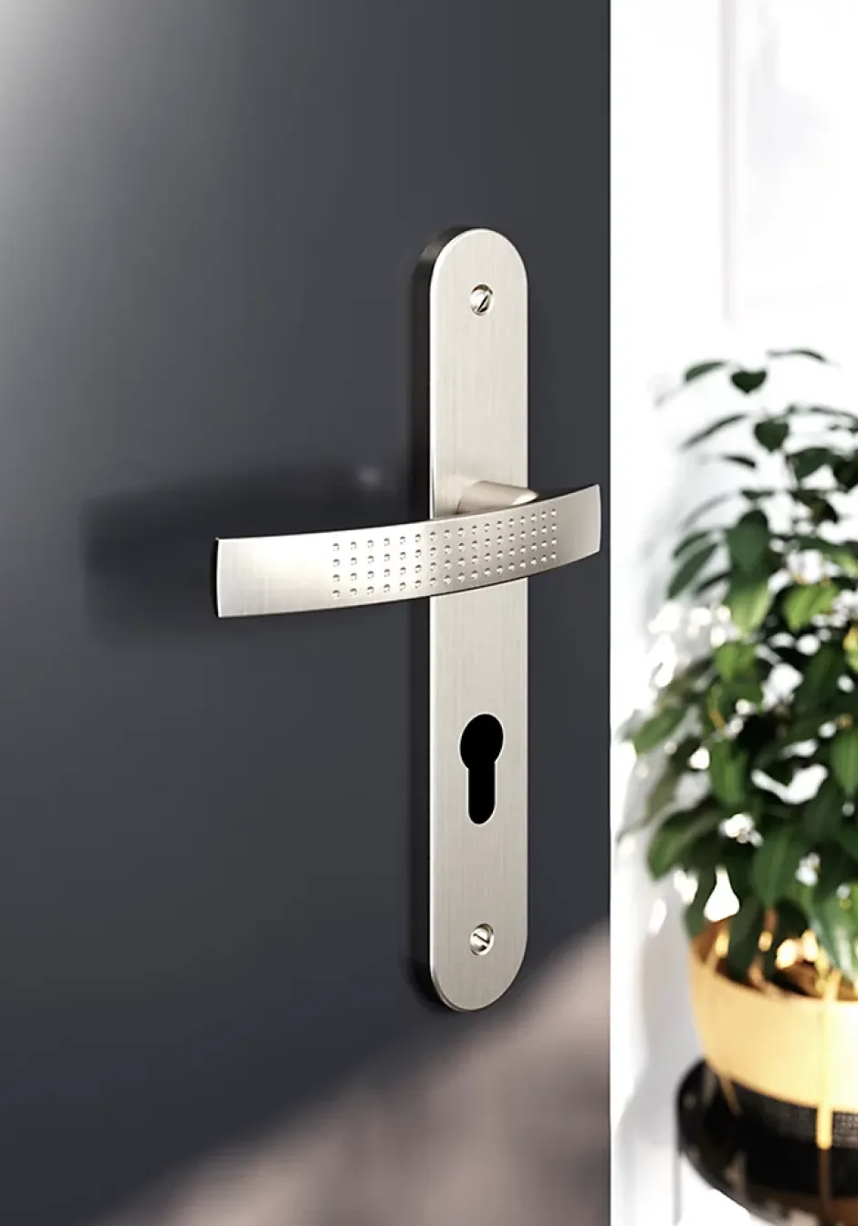 Ensemble poignée sur plaque rondcylindre Diss effet nickel satin gris L.139mm x l.40mm entraxe 195mm-GoodHome Outlet