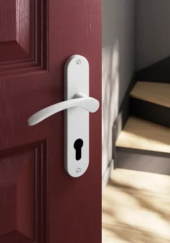 GoodHome Ensemble poignée sur plaque rondcylindre Beare mat blanc L.110.5mm x l.40mm entraxe 165mm