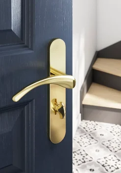 GoodHome Ensemble poignée sur plaque rond à condamnation Ruis effet laiton doré L.138.5mm x l.42mm entraxe 165-195mm