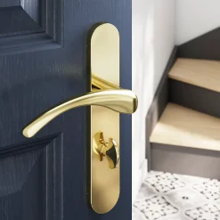 GoodHome Ensemble poignée sur plaque rond à condamnation Ruis effet laiton doré L.138.5mm x l.42mm entraxe 165-195mm