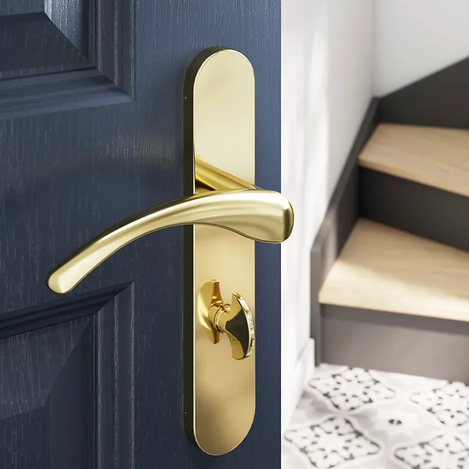 GoodHome Ensemble poignée sur plaque rond à condamnation Ruis effet laiton doré L.138.5mm x l.42mm entraxe 165-195mm