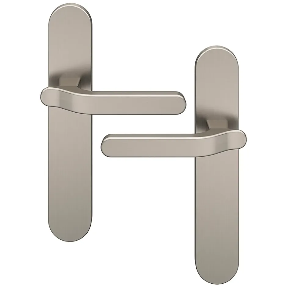 Ensemble poignée sur plaque rond Prat effet nickel satin gris L.129mm x l.42mm entraxe 165-195mm-GoodHome Outlet