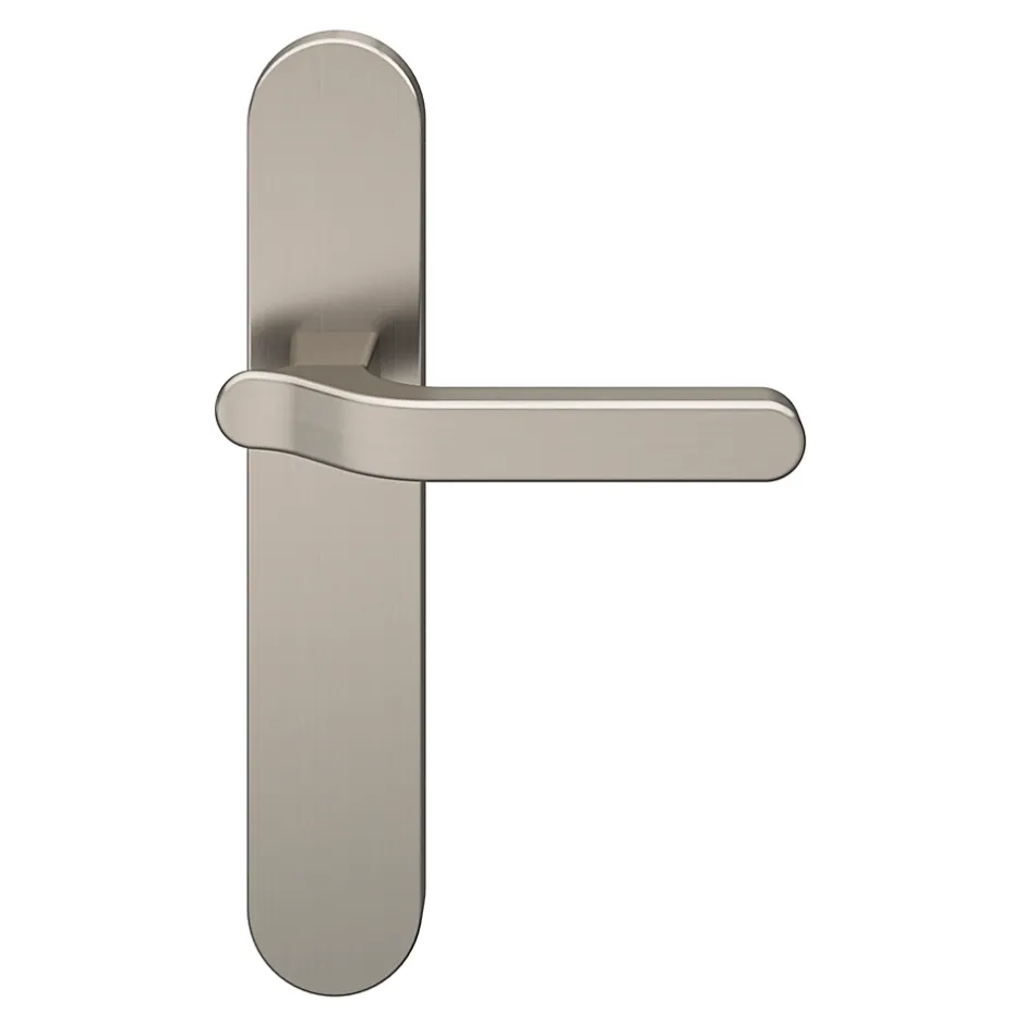 Ensemble poignée sur plaque rond Prat effet nickel satin gris L.129mm x l.42mm entraxe 165-195mm-GoodHome Outlet