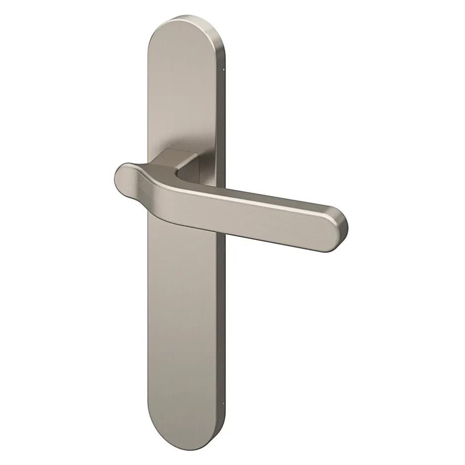 Ensemble poignée sur plaque rond Prat effet nickel satin gris L.129mm x l.42mm entraxe 165-195mm-GoodHome Outlet