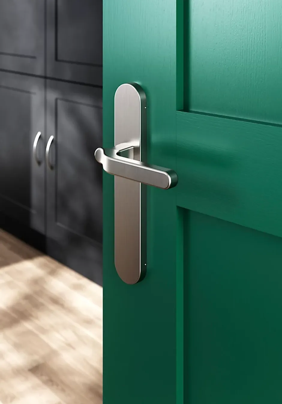 Ensemble poignée sur plaque rond Prat effet nickel satin gris L.129mm x l.42mm entraxe 165-195mm-GoodHome Outlet