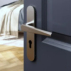 GoodHome Ensemble poignée sur plaque rondcylindre Keri effet nickel satin gris L.140mm x l.42mm entraxe 165-195mm